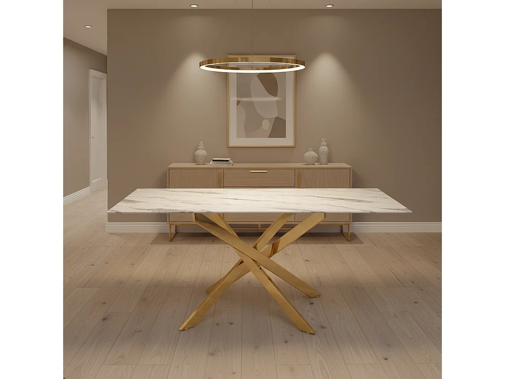 Table Repas JESSICA Gold et plateau en verre 150 cm 4 à 6 couverts - Effet marbré blanc