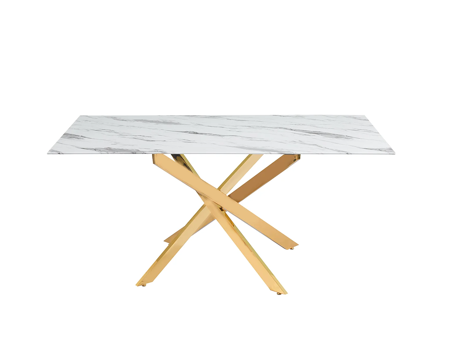Table Repas JESSICA Gold et plateau en verre 150 cm 4 à 6 couverts - Effet marbré blanc