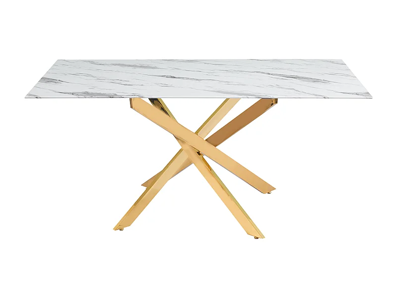 Table Repas JESSICA Gold et plateau en verre 150 cm 4 à 6 couverts - Effet marbré blanc