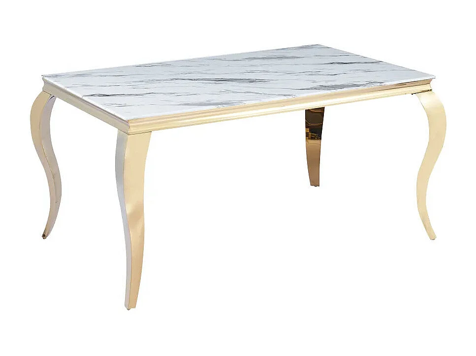 Table à manger BAROQUE 4 à 6 couverts 150x90 cm pieds gold plateau en verre effet marbré blanc