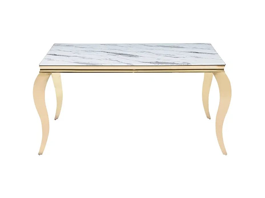 Table à manger BAROQUE 4 à 6 couverts 150x90 cm pieds gold plateau en verre effet marbré blanc