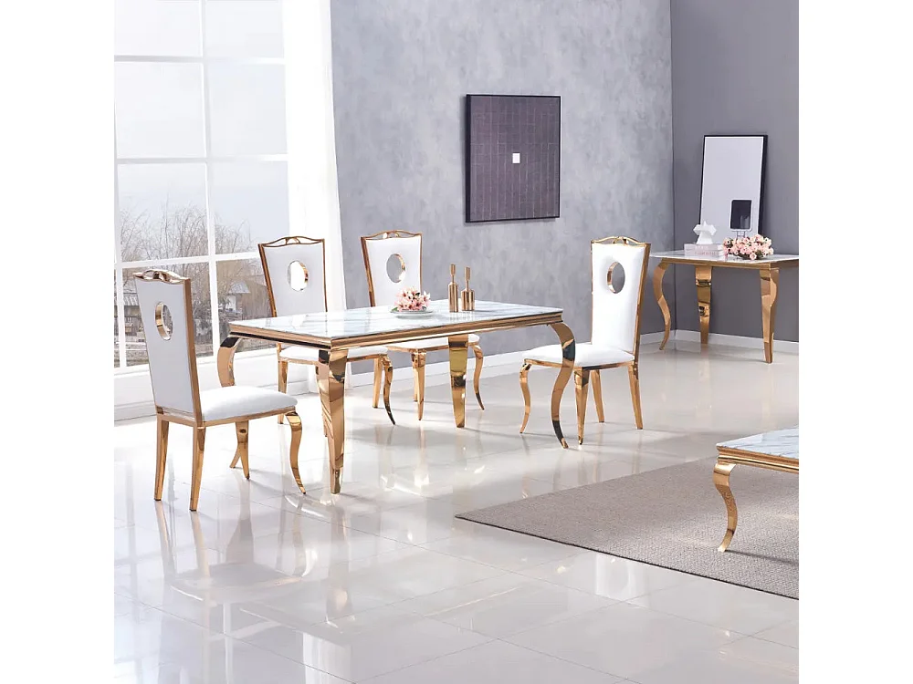 Table à manger BAROQUE 4 à 6 couverts 150x90 cm pieds gold plateau en verre effet marbré blanc