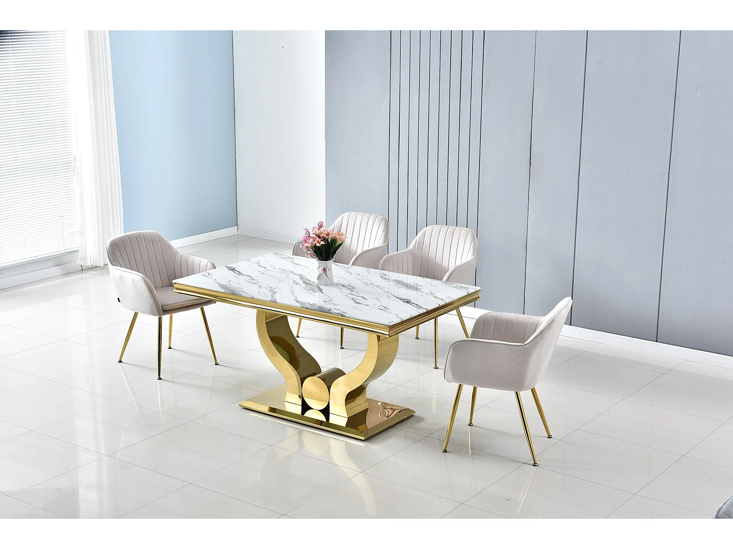 Table à manger TROFY 4 à 6 personnes 150x90 cm Gold plateau en verre effet marbré blanc
