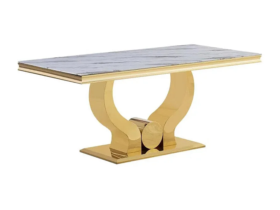 Table à manger TROFY 4 à 6 personnes 150x90 cm Gold plateau en verre effet marbré blanc