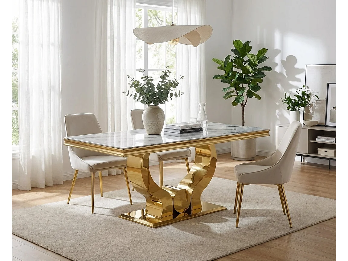 Table a manger verre effet marbre blanc pied gold 150x90 cm TROFY