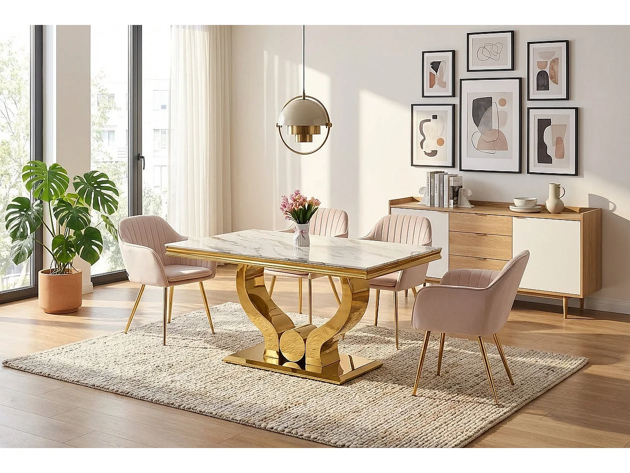 Table a manger verre effet marbre blanc pied gold 150x90 cm TROFY