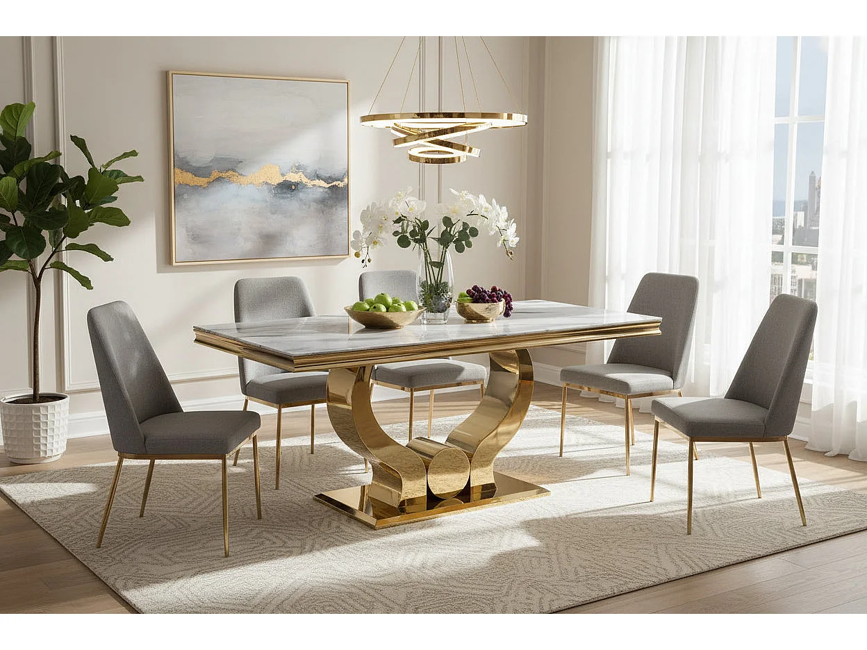 Table a manger verre effet marbre blanc pied gold 150x90 cm TROFY