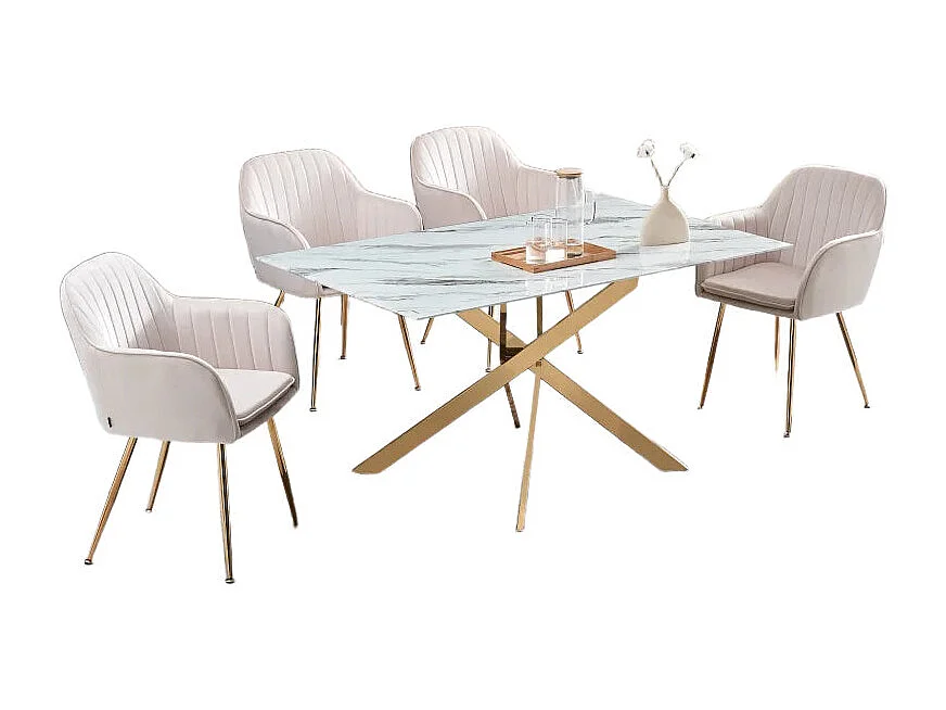 Table Repas JESSICA XXL Gold et plateau en verre MARBRE BLANC 180 cm 6 à 8 couverts