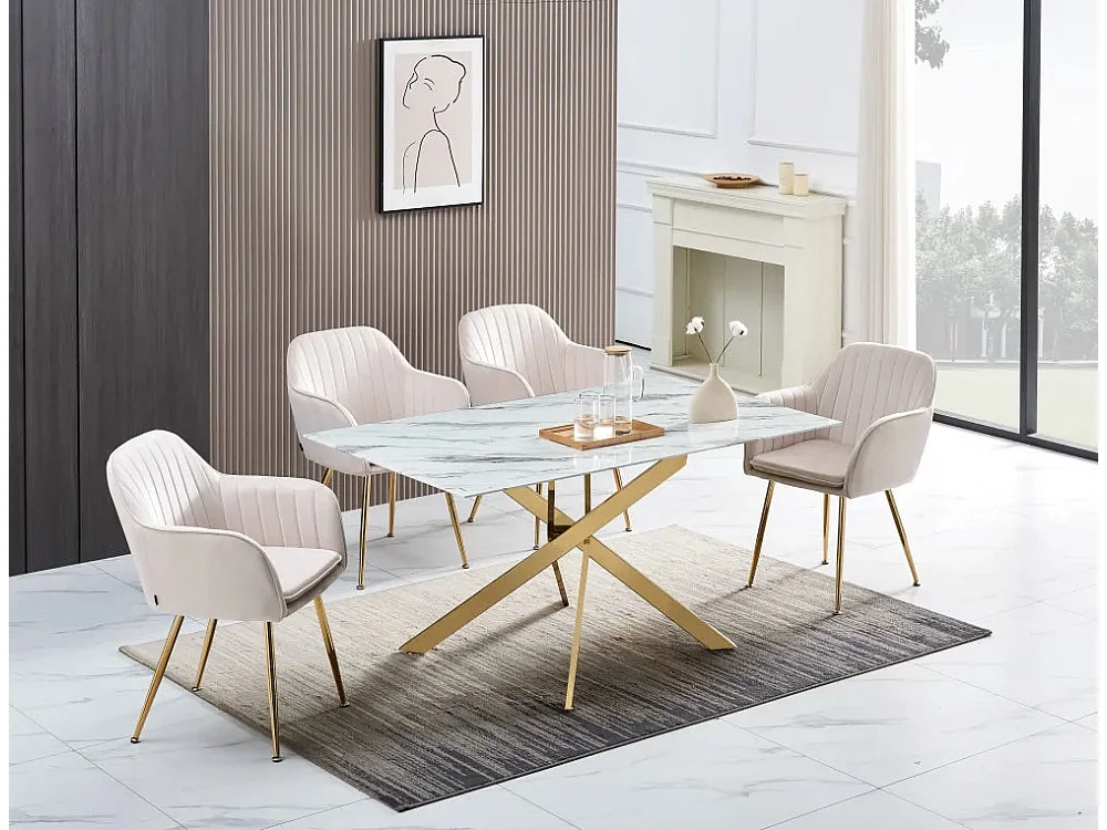 Table Repas JESSICA XXL Gold et plateau en verre MARBRE BLANC 180 cm 6 à 8 couverts