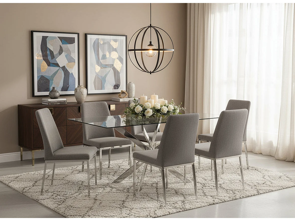 Table Repas JESSICA Chrome et plateau en verre 150 cm 4 à 6 couverts transparent