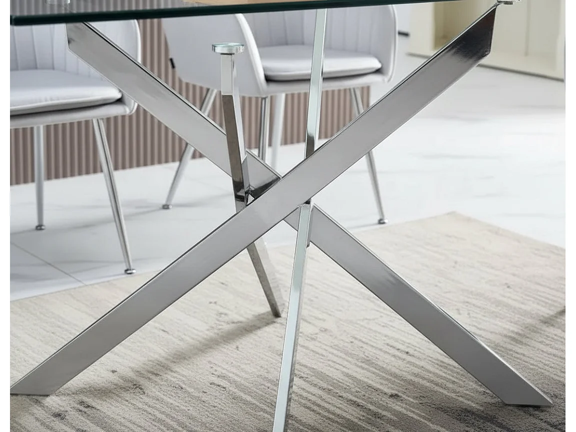Table Repas JESSICA Chrome et plateau en verre 150 cm 4 à 6 couverts transparent
