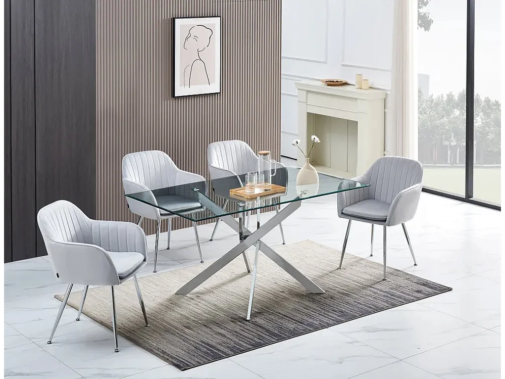 Table Repas JESSICA Chrome et plateau en verre 150 cm 4 à 6 couverts transparent