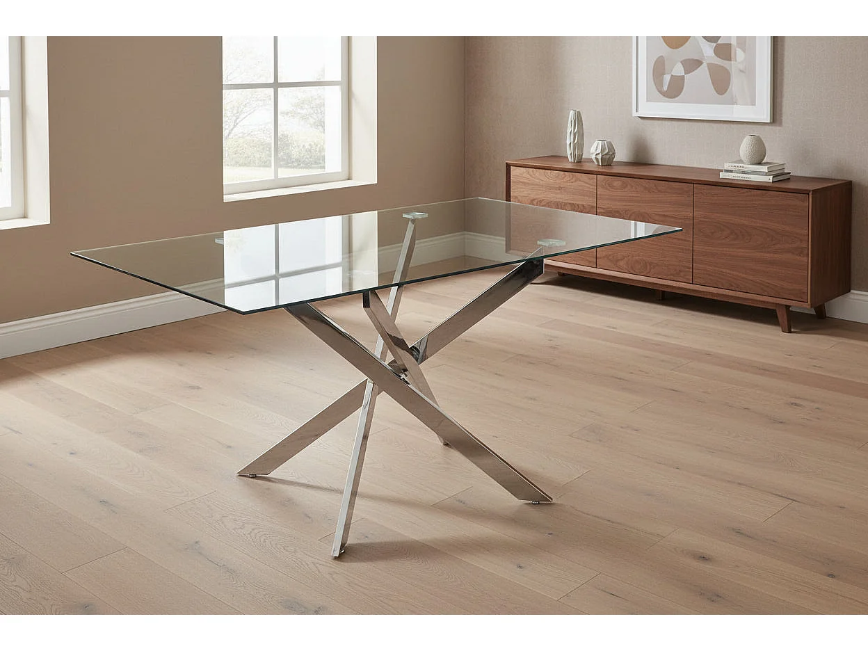 Table Repas JESSICA Chrome et plateau en verre 150 cm 4 à 6 couverts transparent