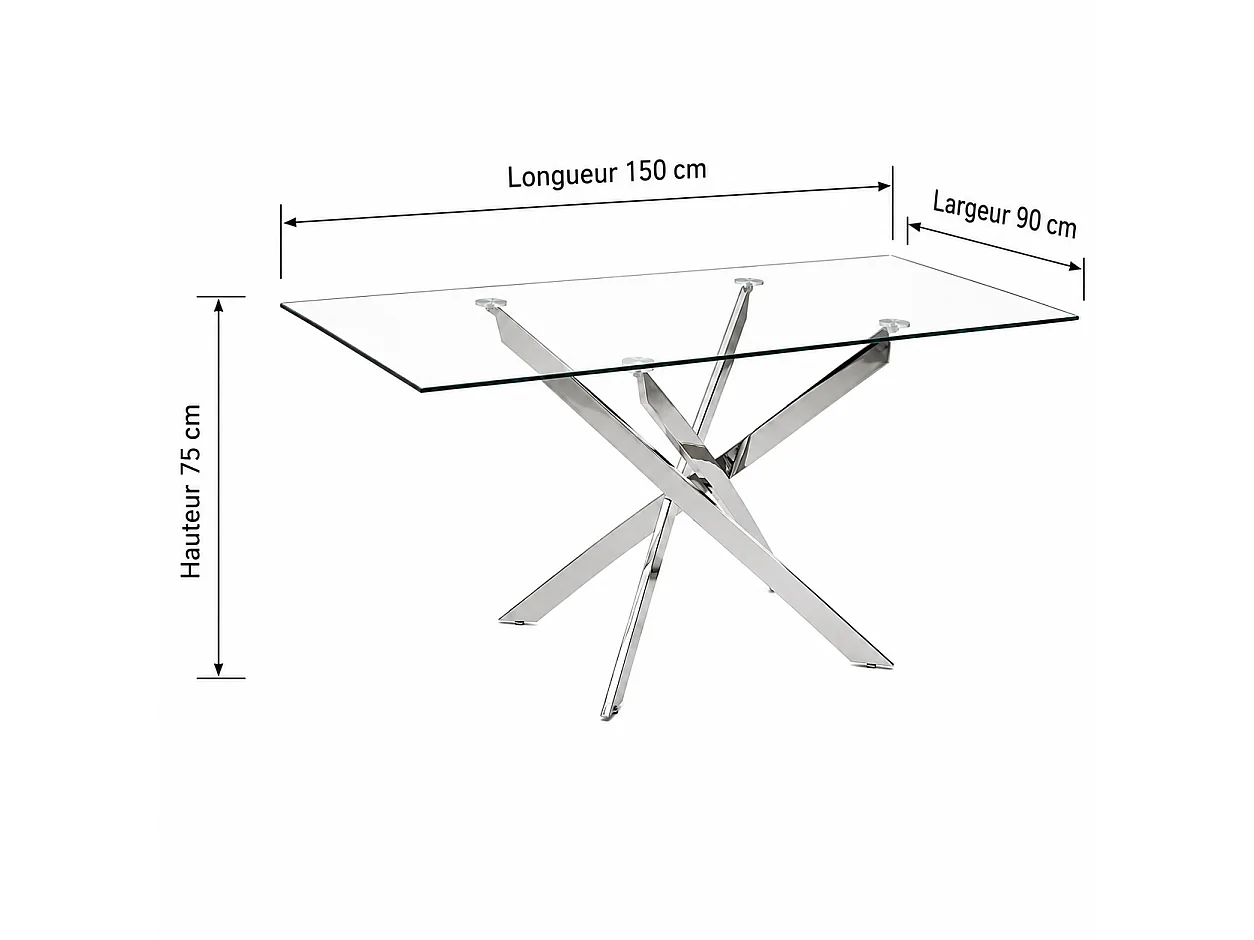 Table Repas JESSICA Chrome et plateau en verre 150 cm 4 à 6 couverts transparent