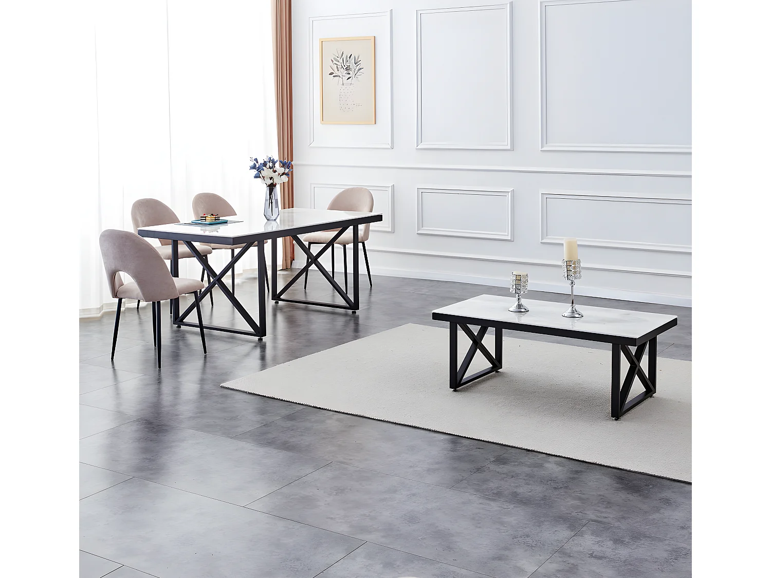 Table repas levanto 6 à 8 couverts plateau en verre marbré beige