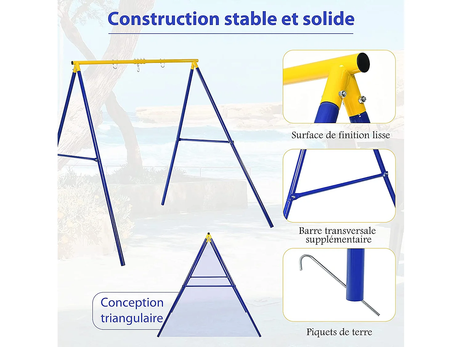 Portique de Balançoire pour Enfants en Forme de A Charge 250KG avec 2 Méthodes de Fixation Piquets d'Ancrage 194x180x180cm