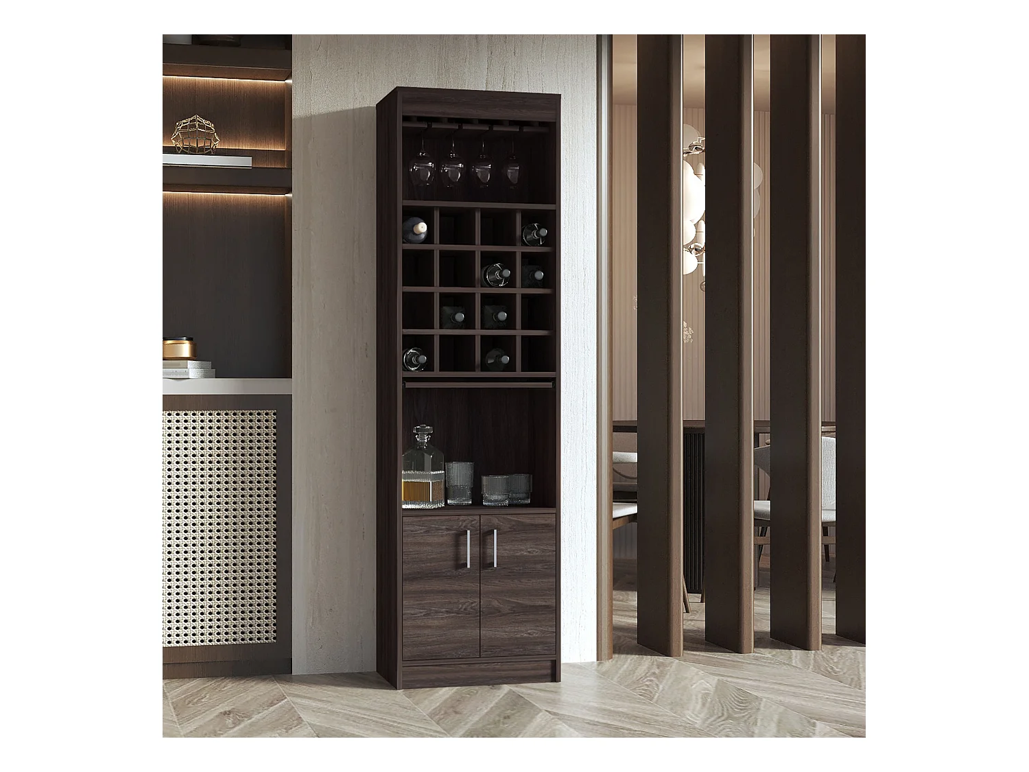 Kava Espresso Melamine Bar Cabinet with Cup Shelf and Lower Cabinet, 180.6 cm X 51 cm X 34 cm, Multicolor