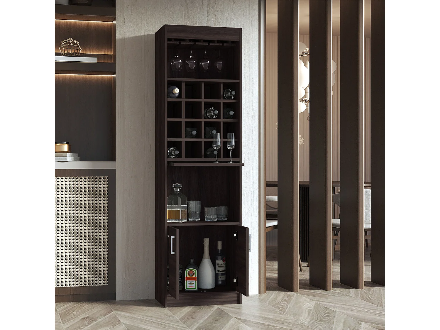 Kava Espresso Melamine Bar Cabinet with Cup Shelf and Lower Cabinet, 180.6 cm X 51 cm X 34 cm, Multicolor