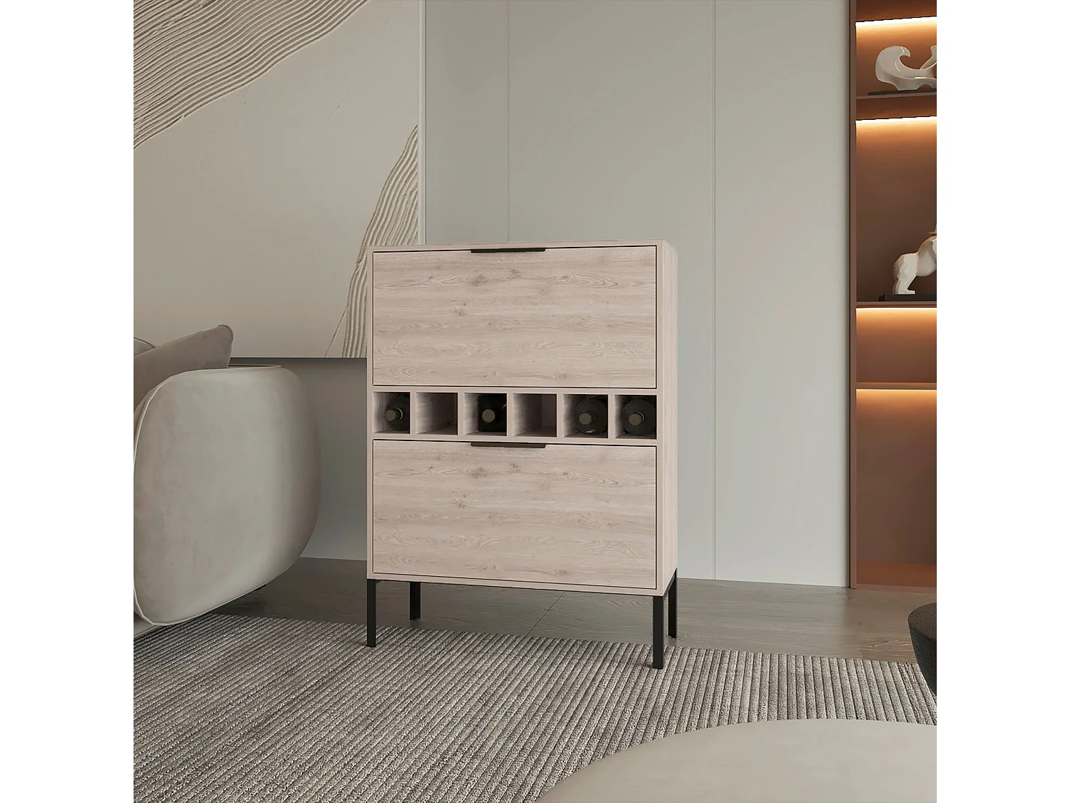 Mobile bar Lyrata in melamina con portabottiglie, portabicchieri e 4 ripiani , 110 cm X 80 cm X 35 cm , Grigio / argento