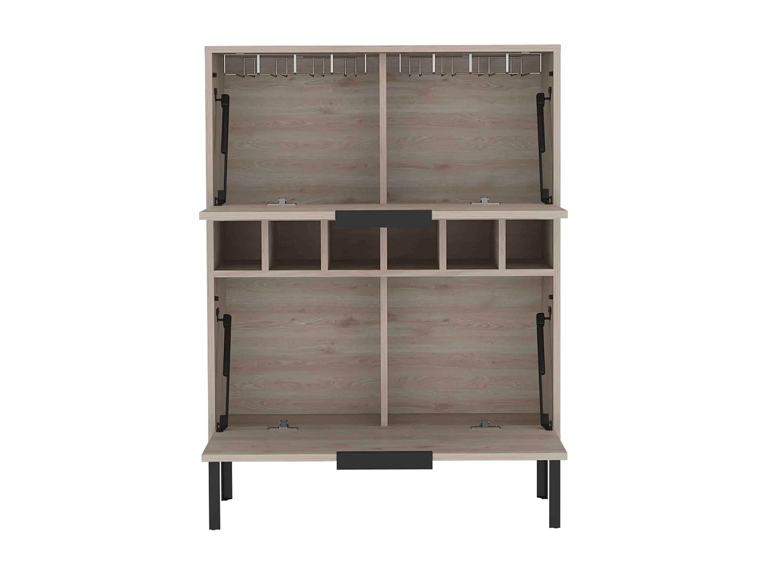 Mobile bar Lyrata in melamina con portabottiglie, portabicchieri e 4 ripiani , 110 cm X 80 cm X 35 cm , Grigio / argento