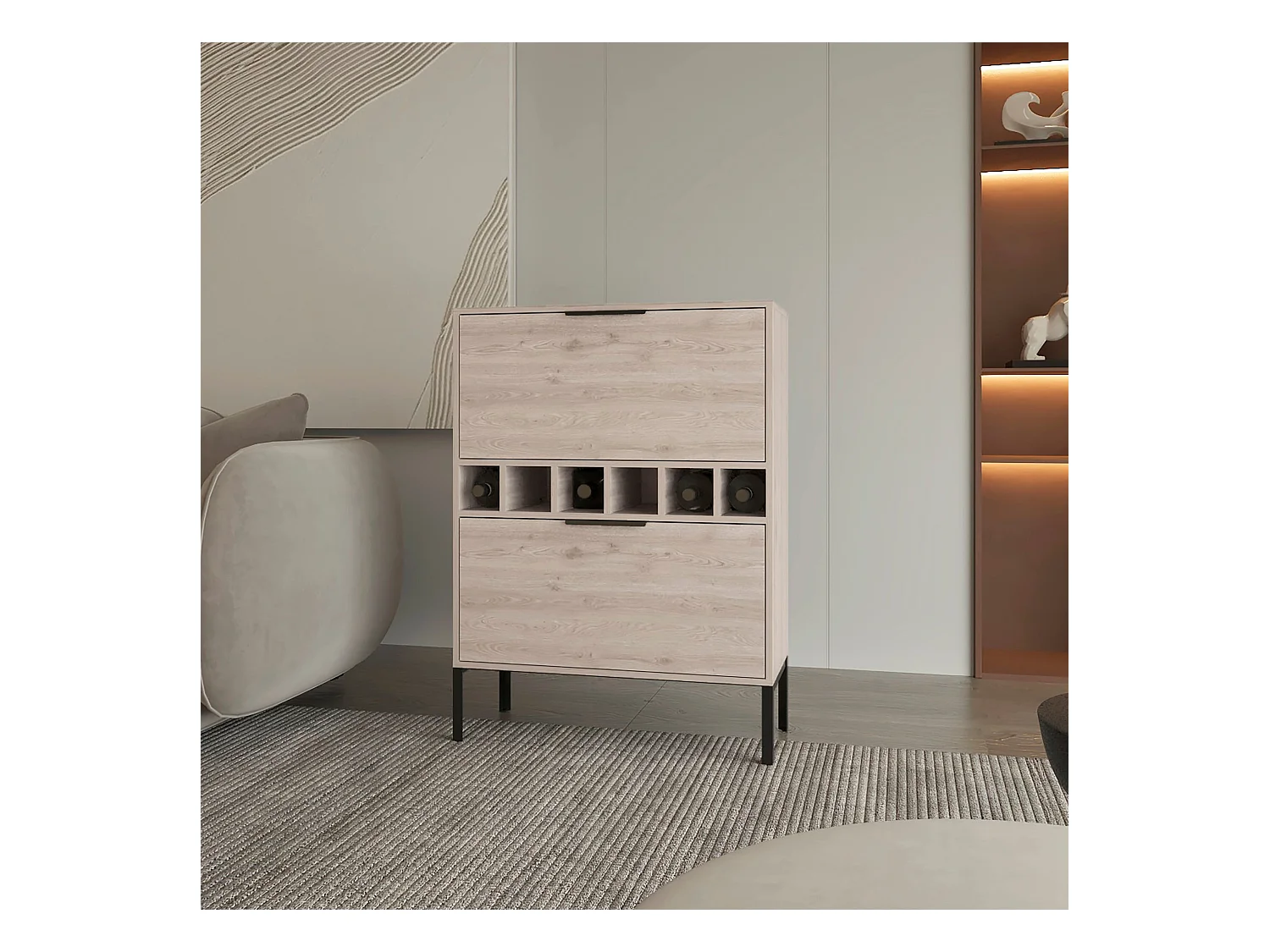 Meuble bar Lyrata en mélaminé avec porte-bouteilles, porte-verres et 4 étagères , 110 cm X 80 cm X 35 cm , Gris / argenté