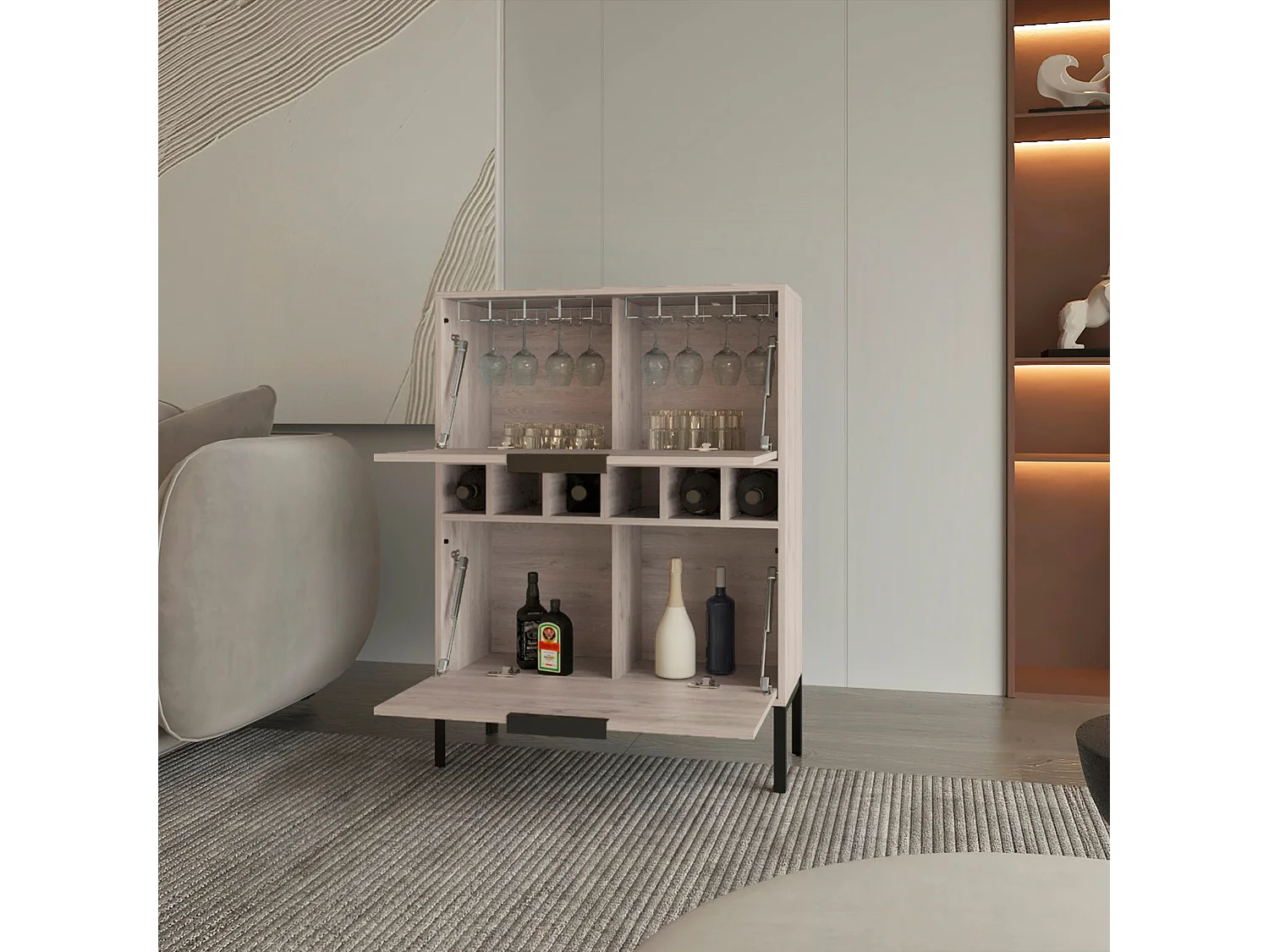 Mobile bar Lyrata in melamina con portabottiglie, portabicchieri e 4 ripiani , 110 cm X 80 cm X 35 cm , Grigio / argento