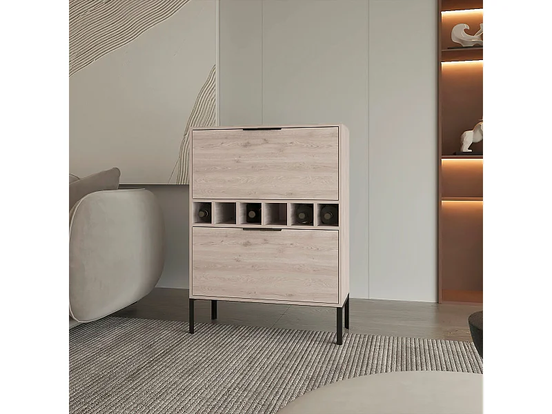 Armário bar Lyrata em melamina com prateleira para vinhos, suporte para copos e 4 prateleiras , 110 cm X 80 cm X 35 cm , Cinzento / prateado