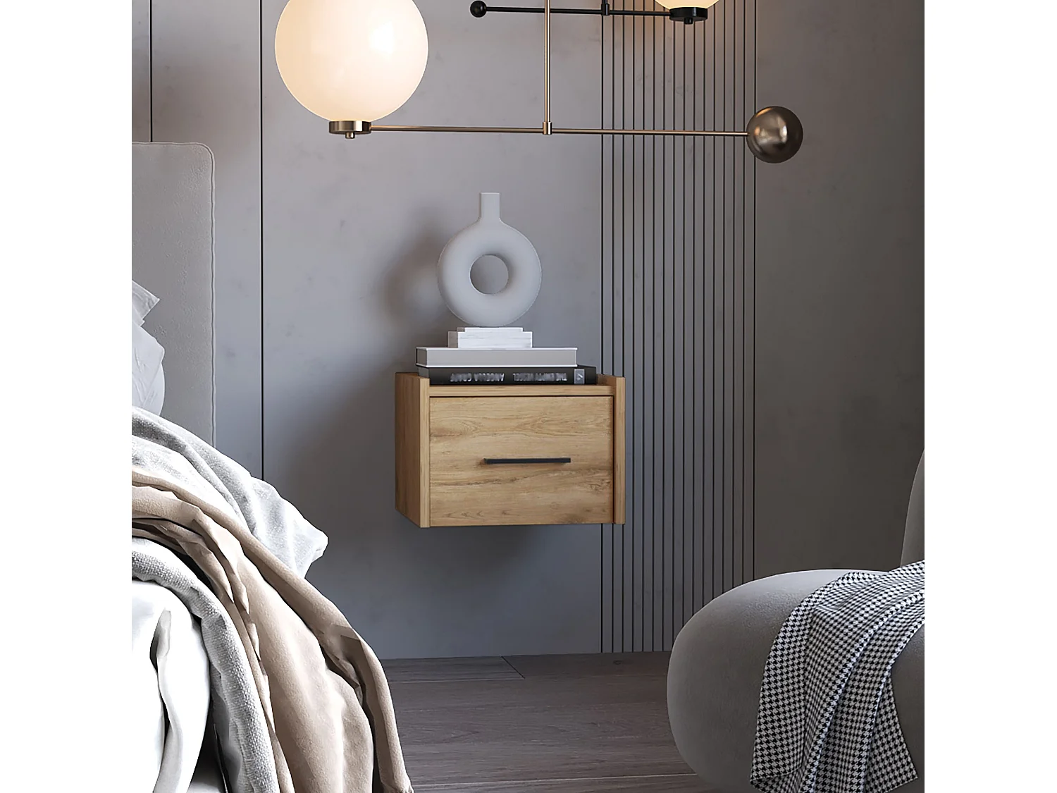 Chevet flottant Boa en mélamine avec rails métalliques , 25 cm X 35 cm X 33.5 cm , Beige