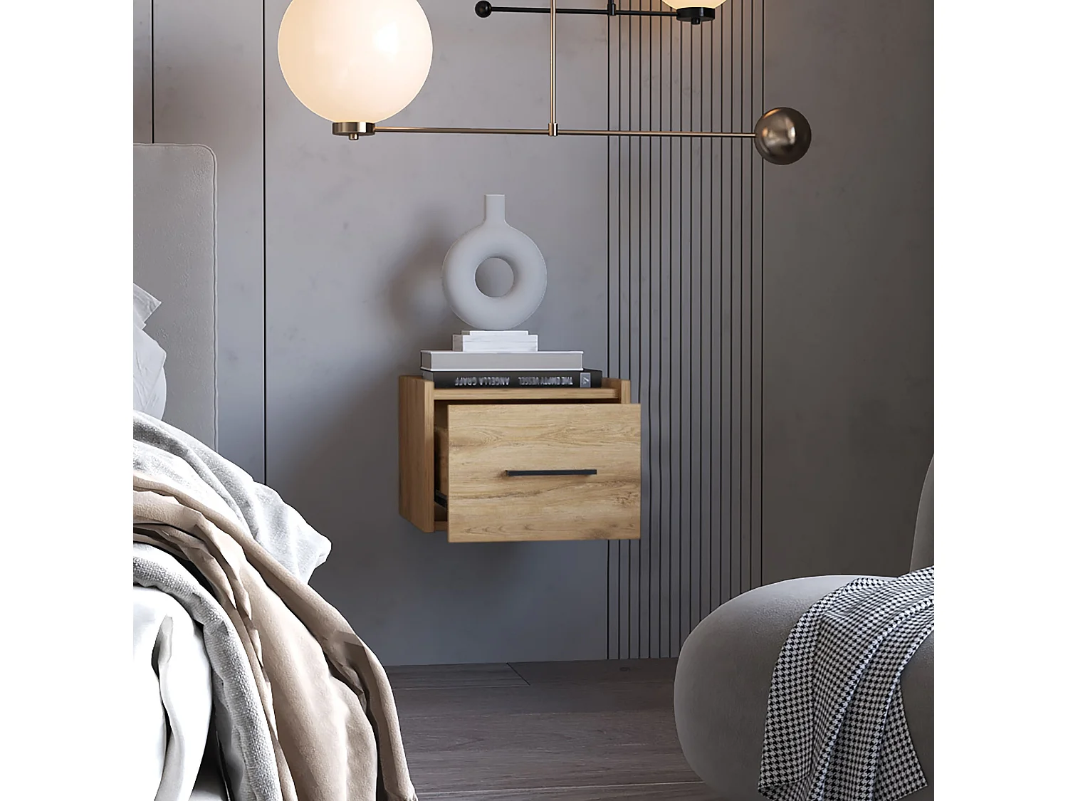 Chevet flottant Boa en mélamine avec rails métalliques , 25 cm X 35 cm X 33.5 cm , Beige