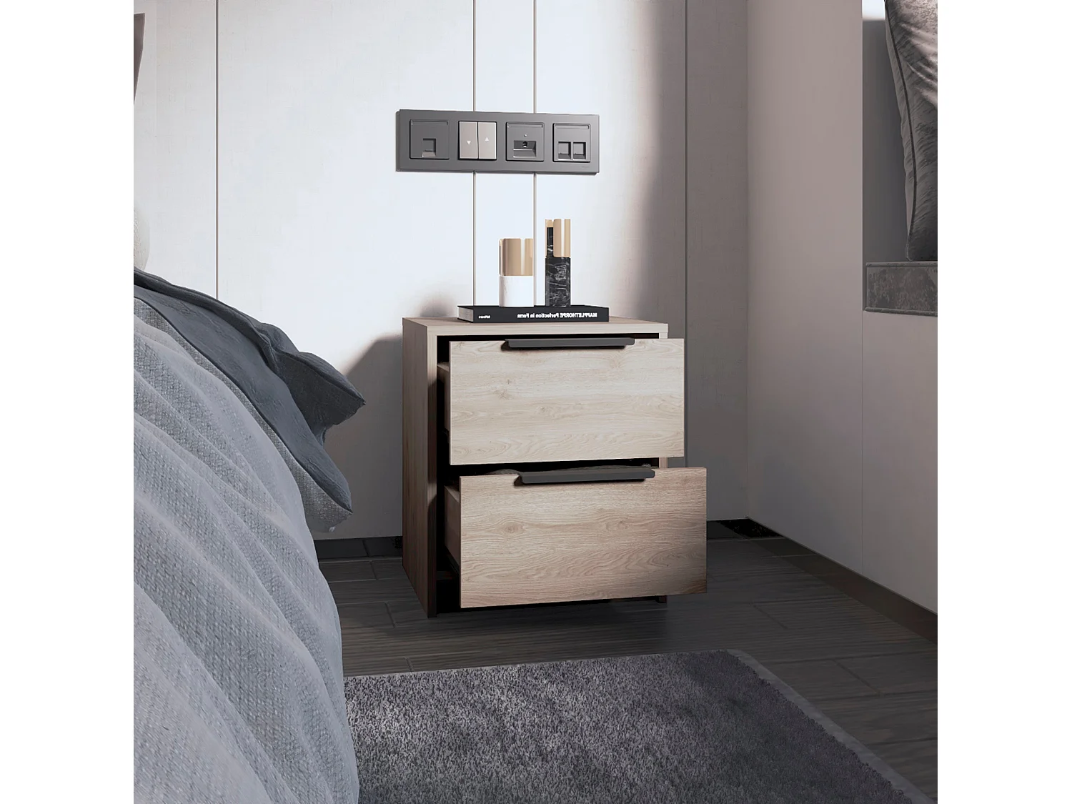 Mesita de noche Kaia en melamina con dos cajones de riel metalico , 47.7 cm  X 40.8 cm  X 36 cm  , Multicolor