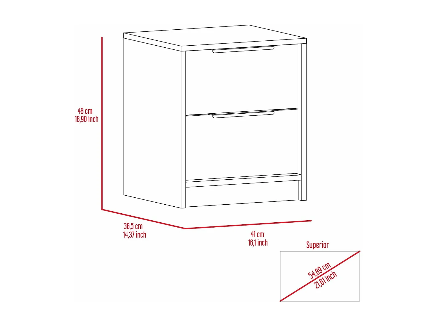 Chevet Kaia en mélamine avec deux tiroirs à rail métallique , 47.7 cm X 40.8 cm X 36 cm , Multicolore