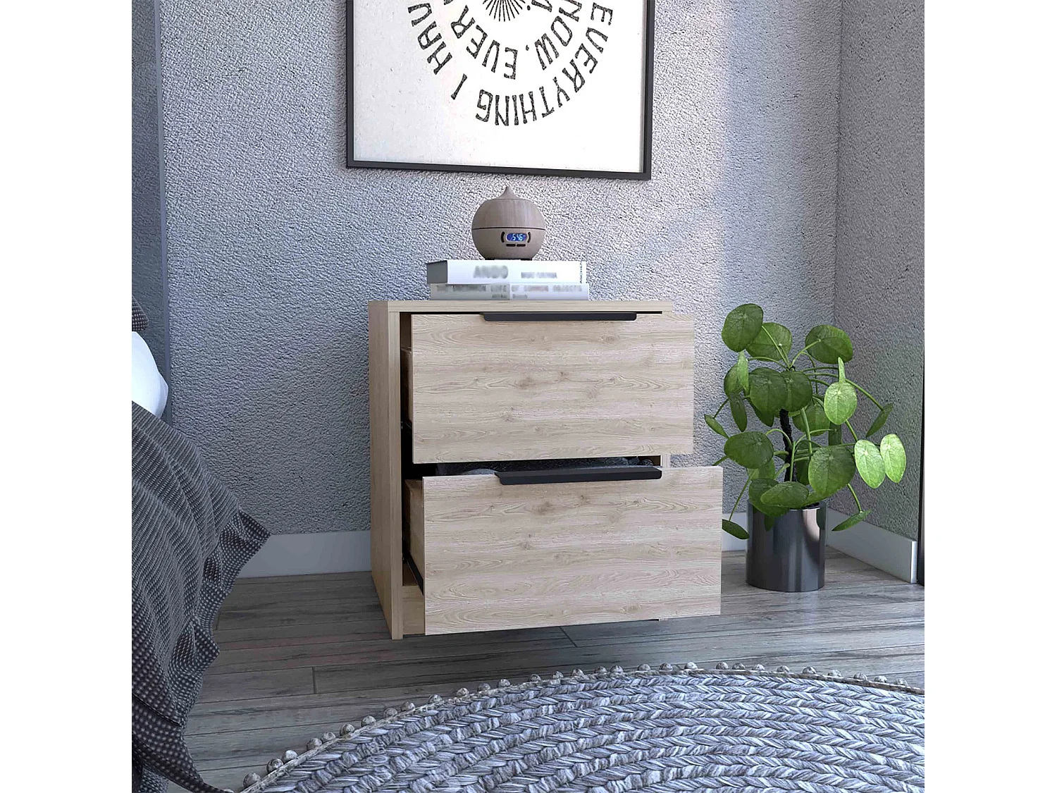 Comodino Kaia da 41 cm con 2 cassetti, grigio cenere