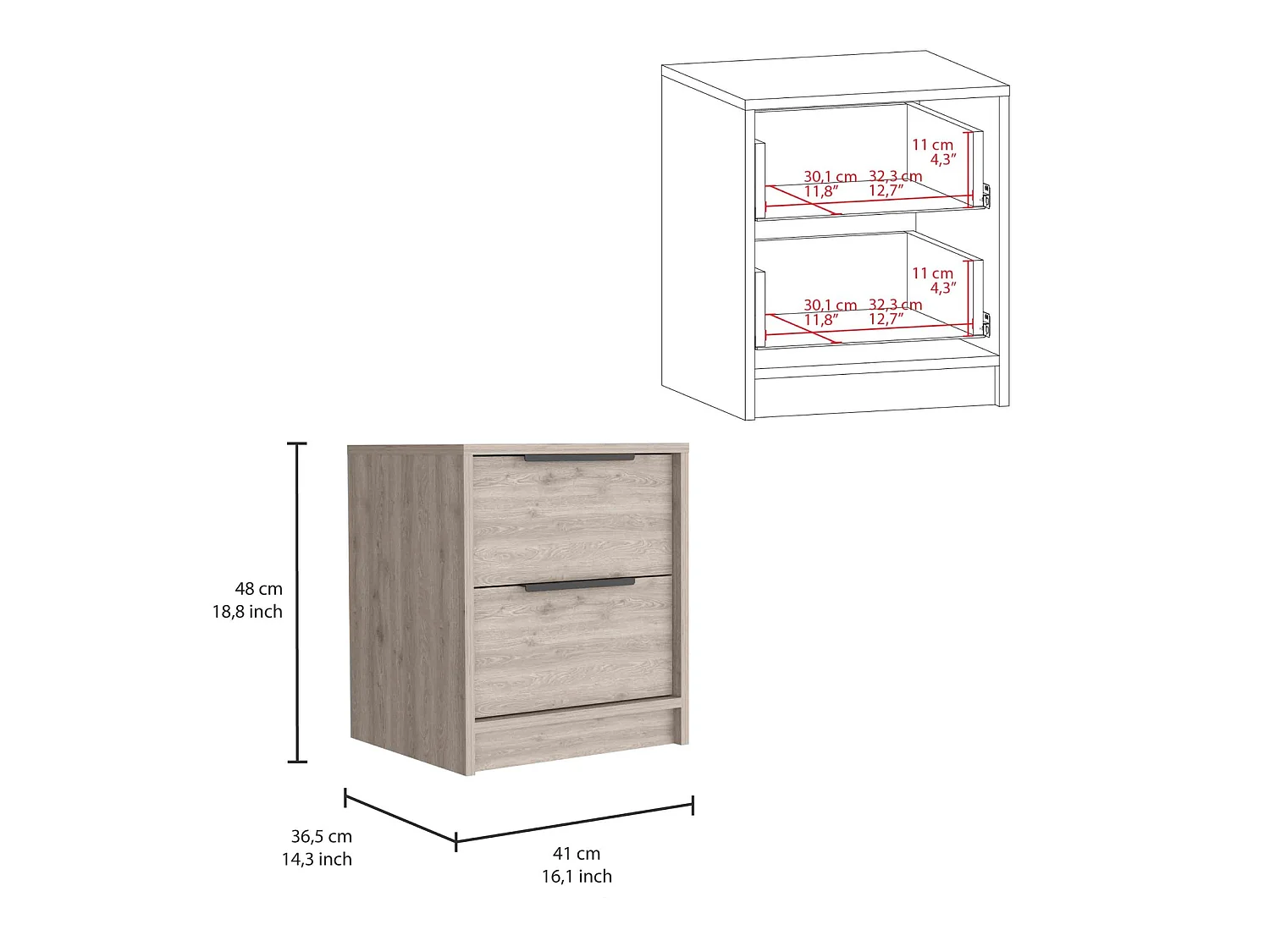Comodino Kaia da 41 cm con 2 cassetti, grigio cenere