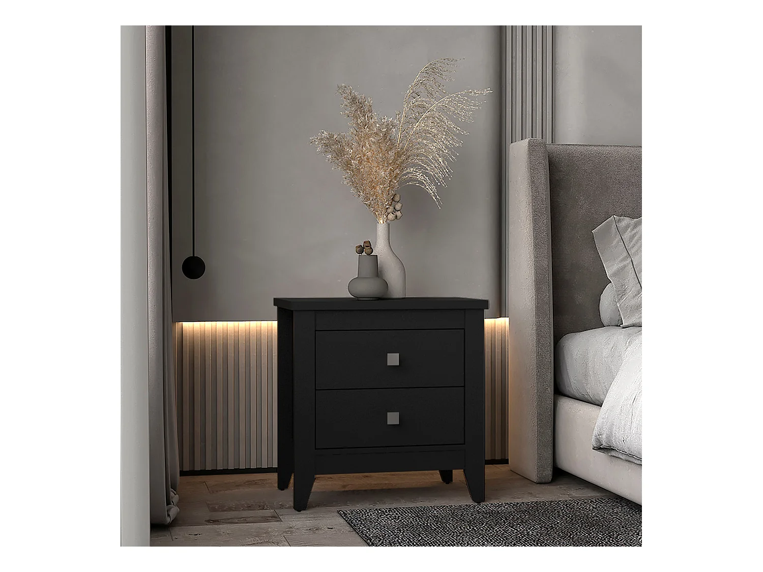 Table de chevet Amara en mélamine avec rails métalliques , 61.6 cm X 60 cm X 40 cm , Noir