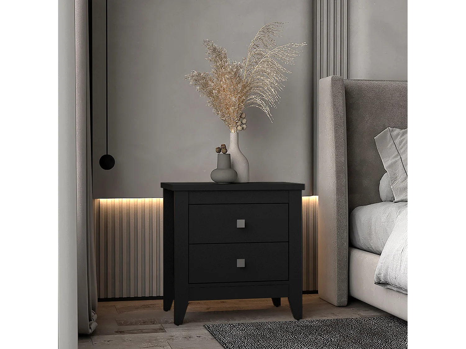 Table de chevet Amara en mélamine avec rails métalliques , 61.6 cm X 60 cm X 40 cm , Noir