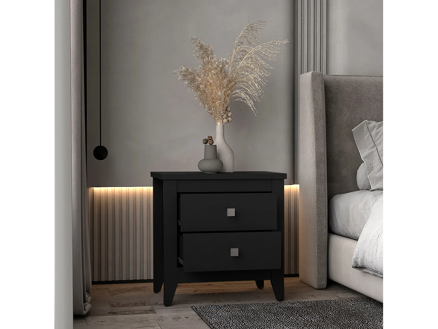 Table de chevet Amara en mélamine avec rails métalliques , 61.6 cm X 60 cm X 40 cm , Noir