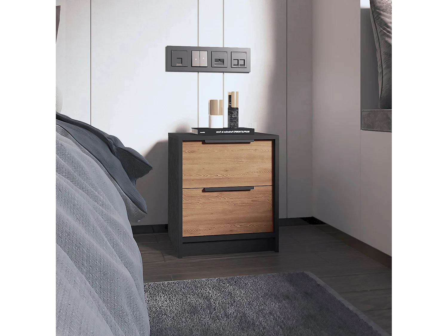 Mesita de noche Kaia en melamina con doble cajon y rieles metalicos , 47.7 cm  X 40.8 cm  X 36 cm  , Multicolor