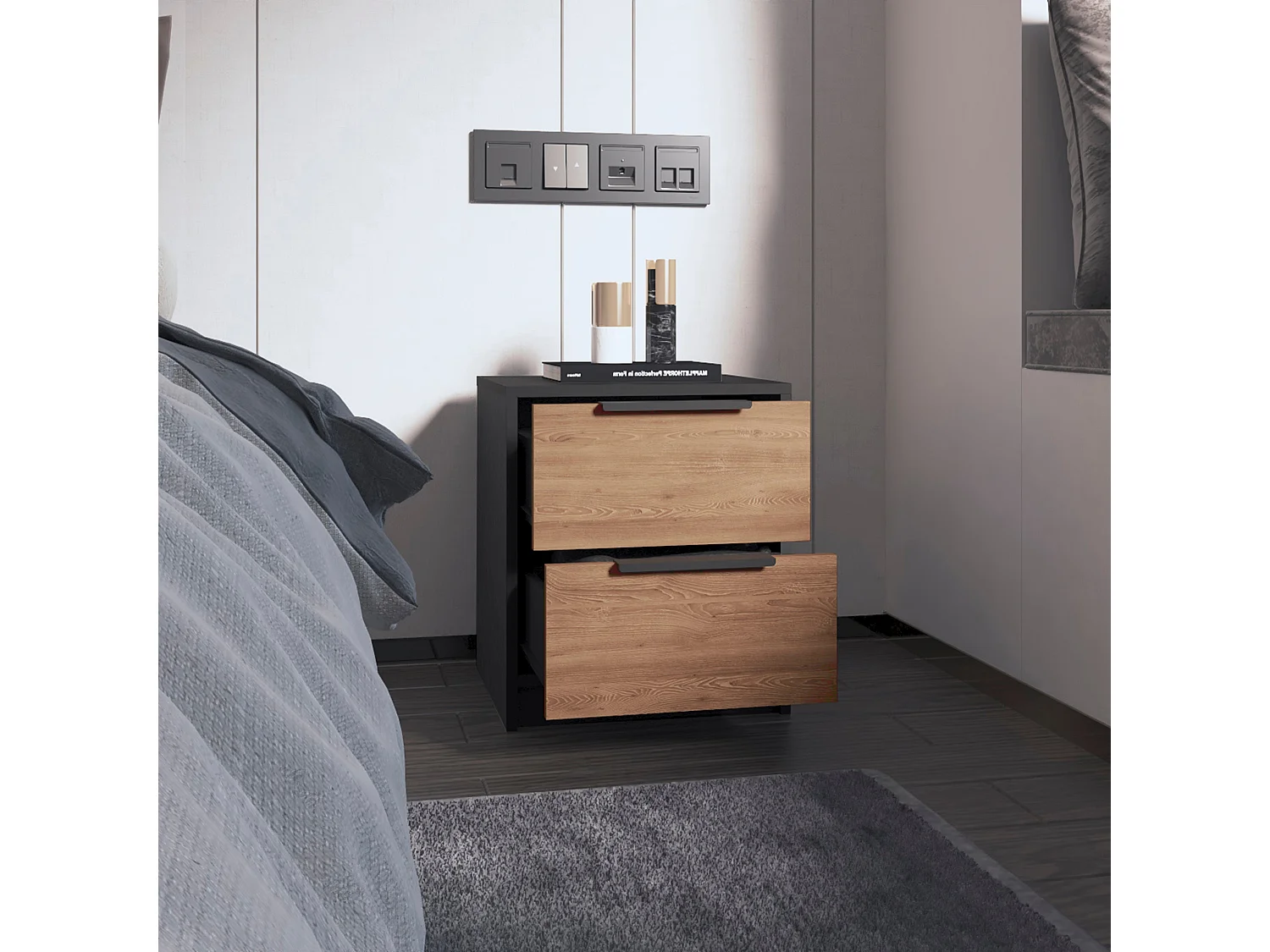 Mesita de noche Kaia en melamina con doble cajon y rieles metalicos , 47.7 cm  X 40.8 cm  X 36 cm  , Multicolor