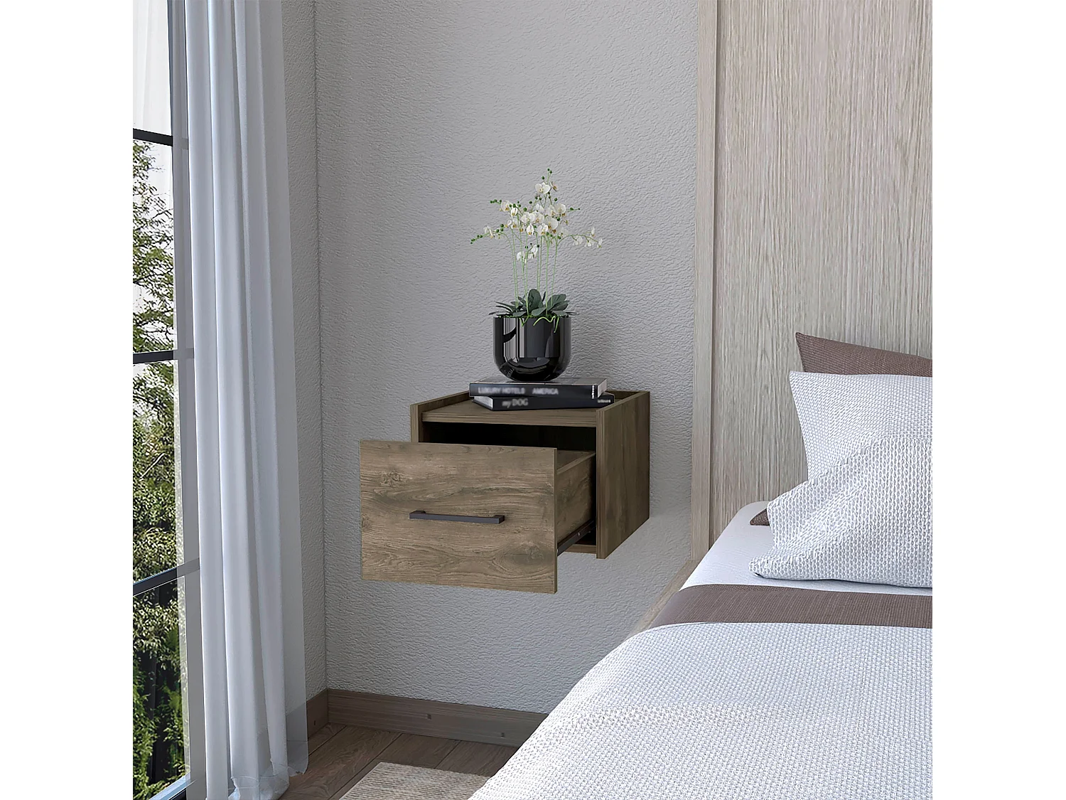 Comodino galleggiante Boa in melamina con un cassetto con guide metalliche , 24.89 cm X 35 cm X 33.5 cm , Marrone