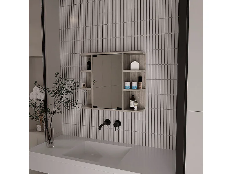 Armadietto per medicinali Milan in melaminico con specchio e ripiani , 50 cm X 60 cm X 19 cm , Grigio / Argento