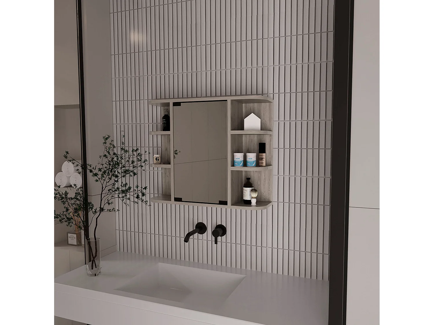 Armadietto per medicinali Milan in melaminico con specchio e ripiani , 50 cm X 60 cm X 19 cm , Grigio / Argento