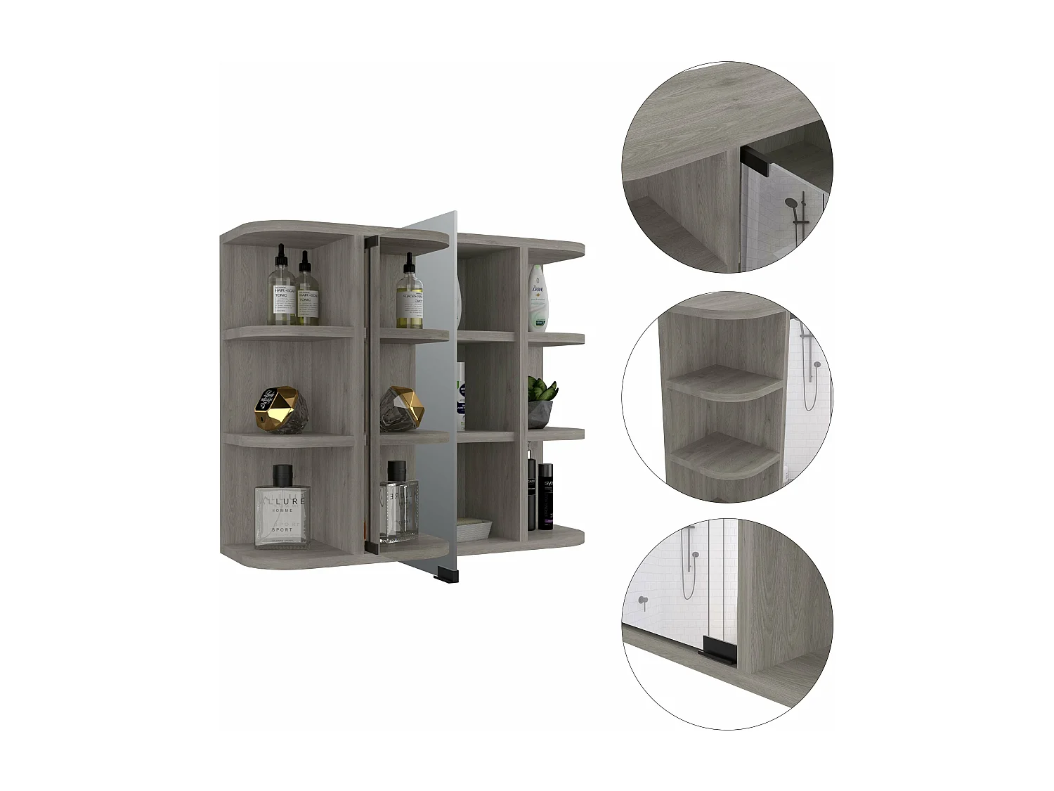 Armadietto per medicinali Milan in melaminico con specchio e ripiani , 50 cm X 60 cm X 19 cm , Grigio / Argento