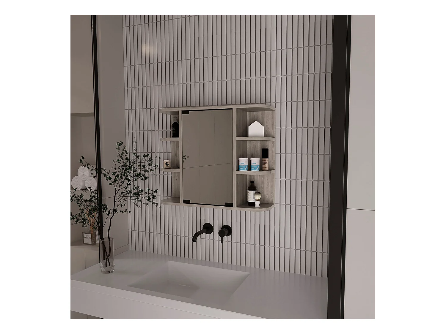 Armoire à pharmacie Milan en mélamine avec miroir et étagères , 50 cm X 60 cm X 19 cm , Gris / Argent
