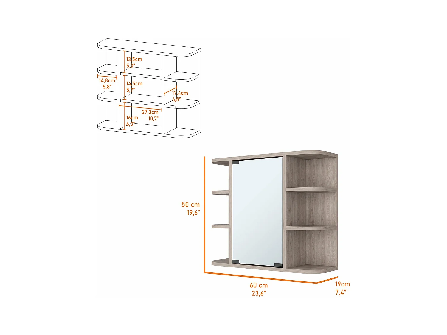 Botiquin Milan en melamina con espejo incluido y estantes , 50 cm  X 60 cm  X 19 cm  , Gris / plata