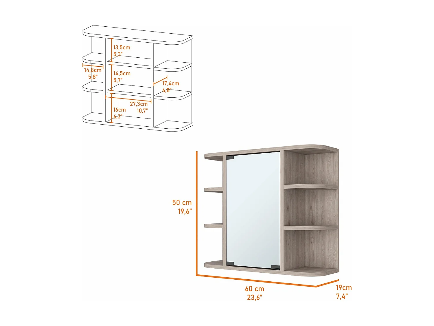 Botiquin Milan en melamina con espejo incluido y estantes , 50 cm  X 60 cm  X 19 cm  , Gris / plata