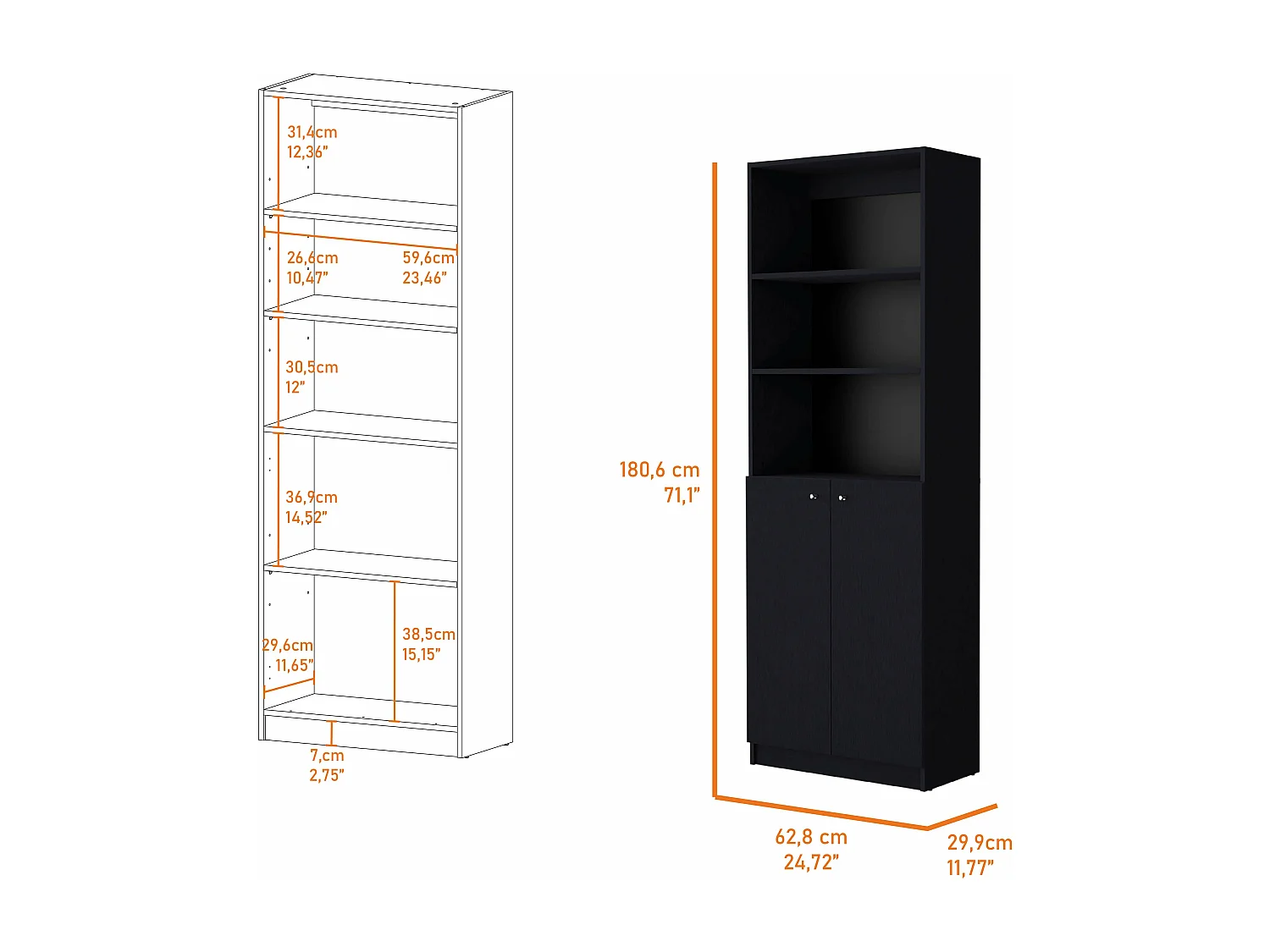 Estanteria Home en melamina con gabinete inferior y 3 estantes exteriores , 180.59 cm  X 62.78 cm  X 29.89 cm  , Negro