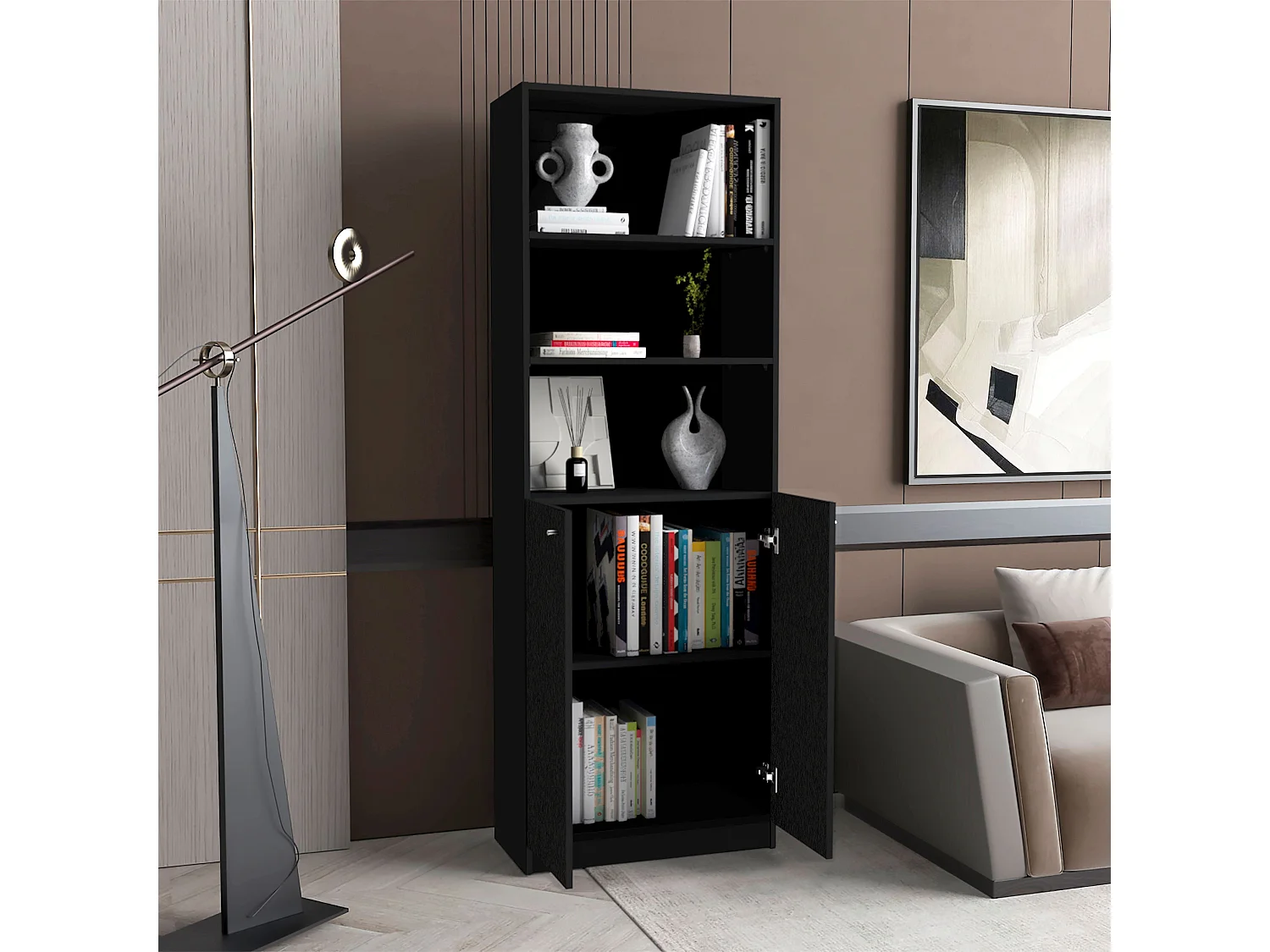 Etagère de maison en mélamine avec meuble inférieur et 3 étagères extérieures , 180.59 cm X 62.78 cm X 29.89 cm , Noir