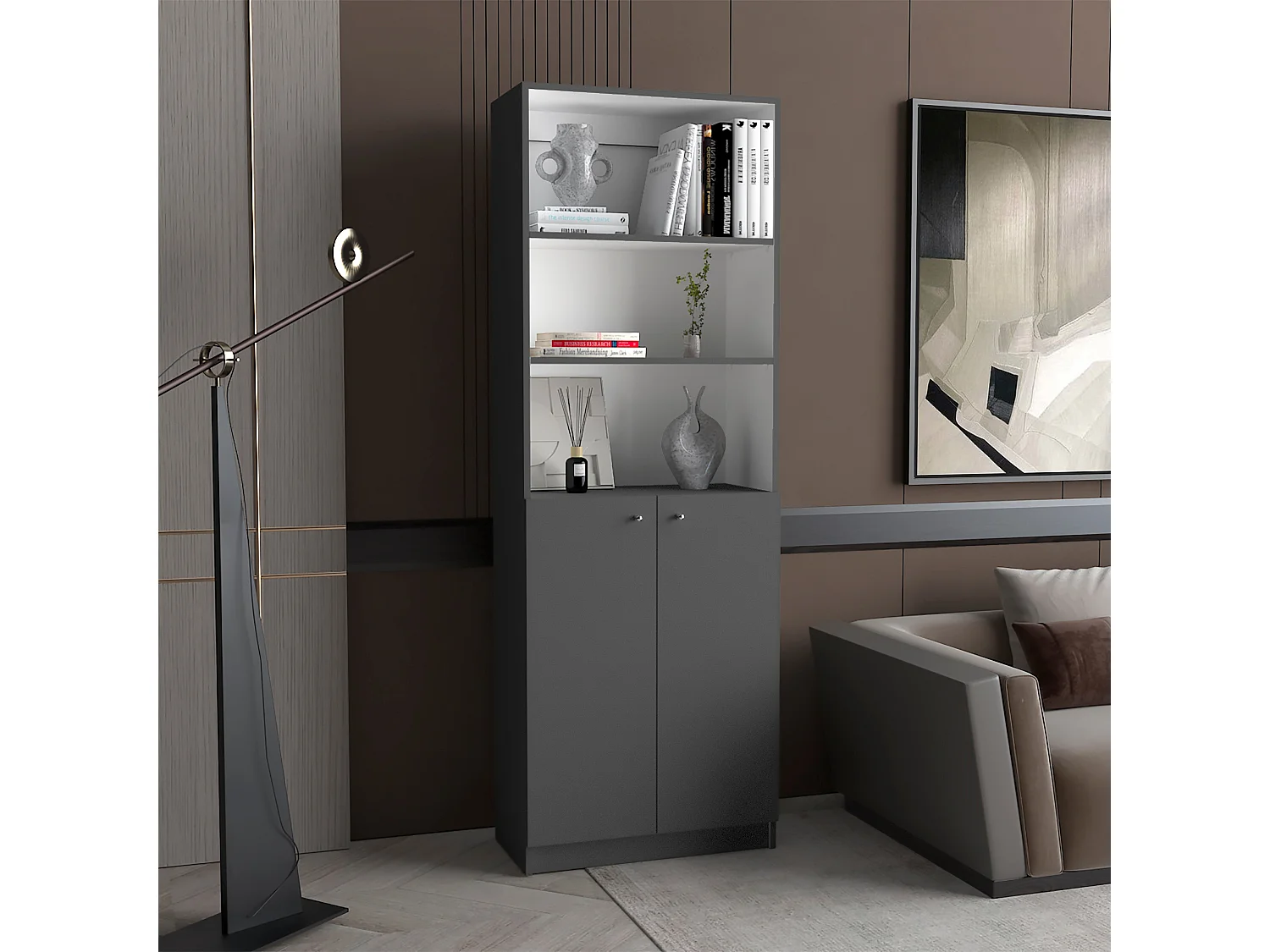 Libreria Home in melamina con mobile inferiore e 3 ripiani esterni , 180.59 cm X 62.78 cm X 29.89 cm , Multicolore