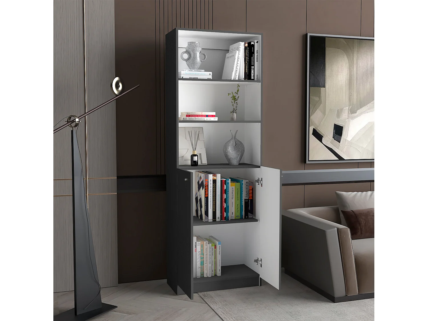 Libreria Home in melamina con mobile inferiore e 3 ripiani esterni , 180.59 cm X 62.78 cm X 29.89 cm , Multicolore