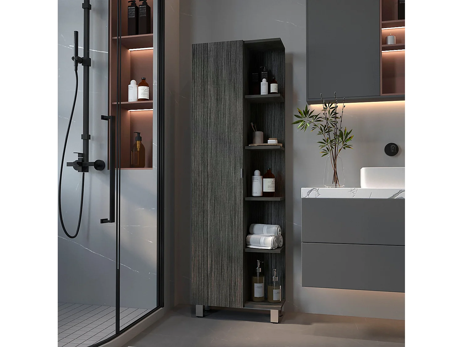Torre bagno verticale Urano in melamina con 9 ripiani , 157.9 cm X 51.18 cm X 21.4 cm , Grigio / argento